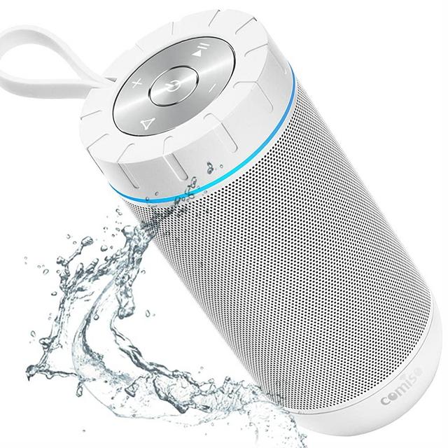 COMISO Waterproof Bluetooth Speakers Outdoor Wireless Portable Speaker with 20 Hours Playtime Superior Sound for Camping, Beach, Sports, Pool Party, Shower (White)
