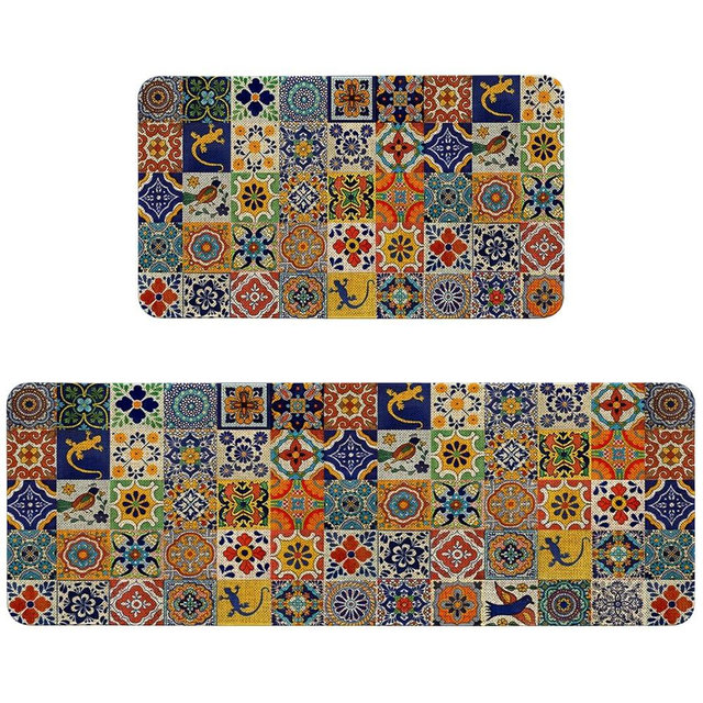 HSOWKDN Mexican Talavera Kitchen Rugs Sets of 2 Non Slip Washable, Mexican Tile Kitchen Mats for Floor 2 Piece Home Decor