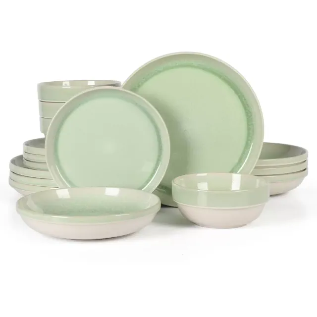 Sur La Table Kitchen Essentials Banquette 16pc Reactive Glaze Stoneware Dinnerware Set Green
