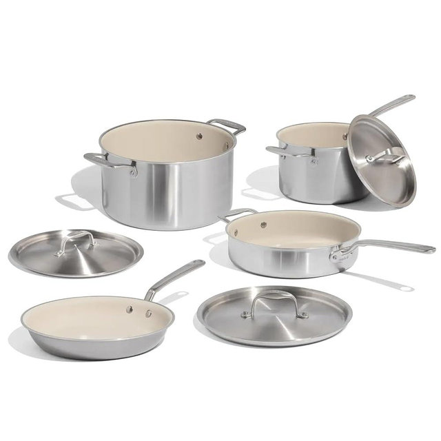 Made In Cookware - 7-Piece Ceramic Non Stick Pot and Pan Set (Stainless Handle) - 5-Ply Stainless Clad - Professional Cookware - Crafted in Italy - Induction Compatible