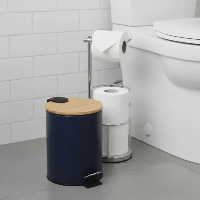 Evideco French Home Goods Navy Blue Trash Can with Bamboo Lid and Pedal, 2.5L Capacity