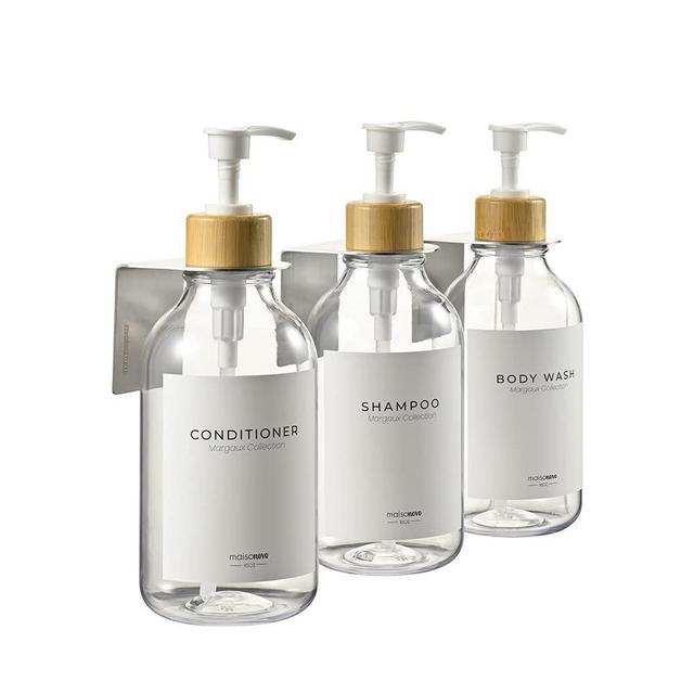 MaisoNovo Shampoo Dispenser for Shower Wall 3 Chamber - Drill Free Shower Soap Dispenser Wall Mount with Waterproof Labels | 3 Bamboo Plastic Bottles 3 Wall Mounts - Clear