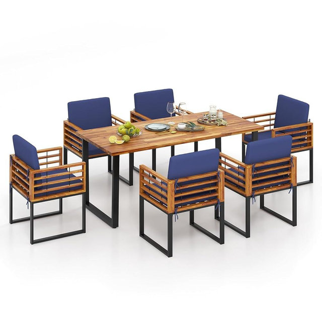 Tangkula 7 Piece Patio Dining Set, Acacia Wood Dining Chair & Table Set, 69” Spacious Tabletop with Umbrella Hole, Heavy-Duty Metal Support, Dining Set for Backyard, Poolside