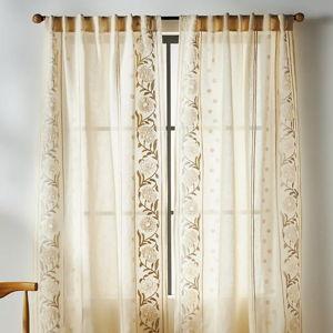 Anthropology Manette Embroidered Cotton Linen Sheer Curtain, 65 x 50
