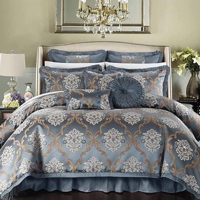 Chic Home CS4622-AN 9 Piece Aubrey Decorator Upholstery Quality Jacquard Scroll Fabric Bedroom Comforter Set & Pillows Ensemble, Queen, Blue
