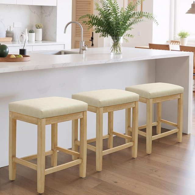 RNKSFX Counter Height Bar Stools Set of 3 for Kitchen Counter Farmhouse Modern Backless Barstools with Faux Leather Upholstered Seat and Solid Wood Legs 24 inch Bar Chairs, Khaki + Wood Color
