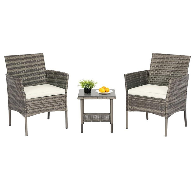 FDW | 3-Piece Patio Furniture Set | Gray & Khaki | Outdoor Wicker Furniture with Coffee Table | Modern Rattan Chairs Conversation Set | Outdoor Seating | Weather-Resistant | for Porch, Garden, Lawn