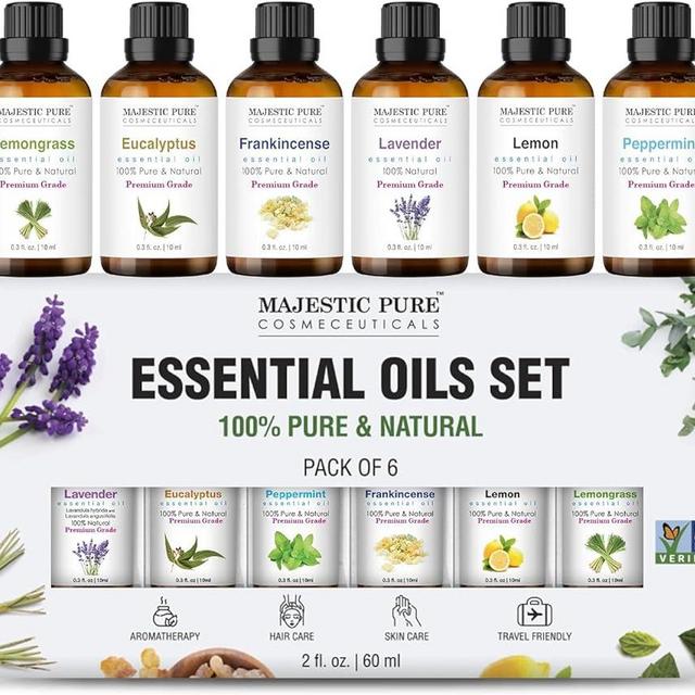 Majestic Pure Essential Oils Set, 100% Pure & Natural Essential Oil for Diffusers, Aromatherapy, Candle, Humidifiers, Gifts – Peppermint, Lavender, Eucalyptus, Tea Tree, Lemongrass - (10ml x 6)
