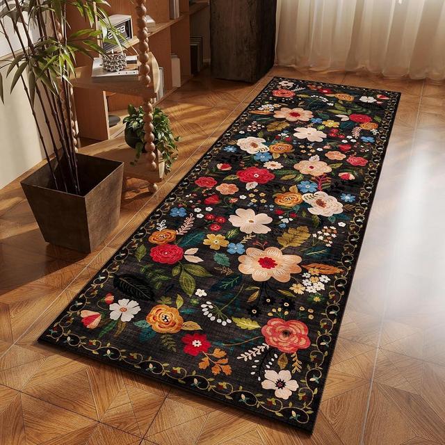 Rugcomf Runner Rug for Hallways Kitchen Runner Rug Non Slip 2'6''x8' Washable Runner Rugs with Rubber Backing Soft Floral Carpet Runner for Hallways, Kitchen, Laundry, Bedroom, Bathroom(Black)