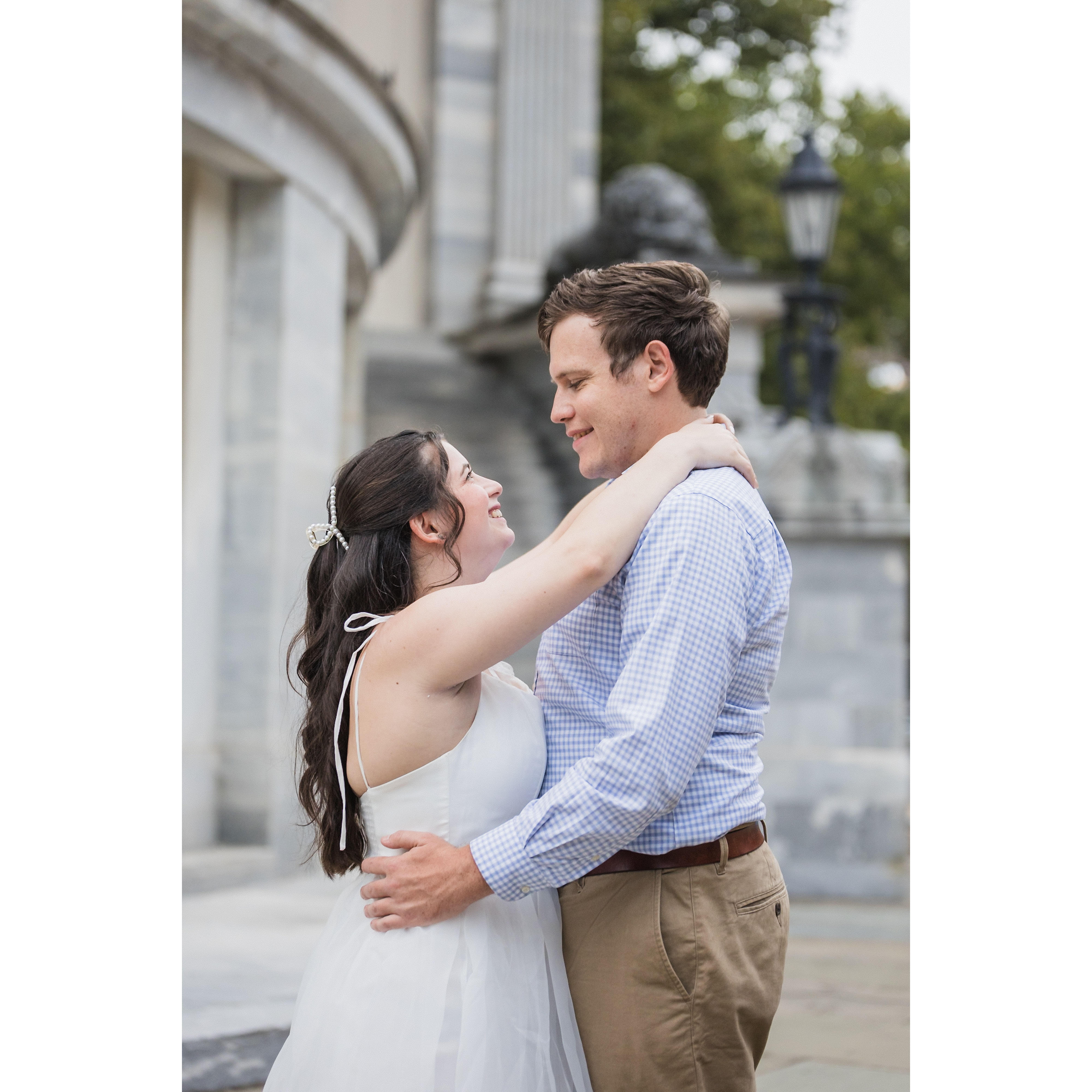 Engagement photos at the Merchant Exchange Building in Philadelphia