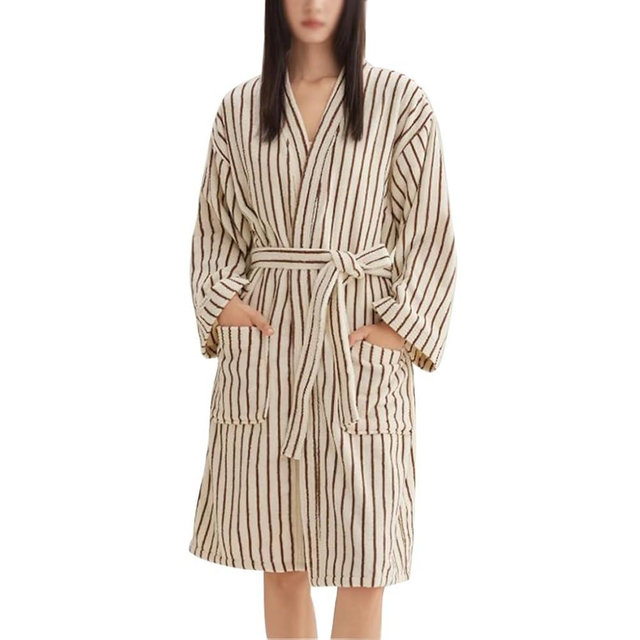 QYFHJGFR Cotton Terry Stripe Bathrobe For Women And Men,Luxury Kimono Soft Terry Cloth Robe,Comfortable Loungewear Nightwear