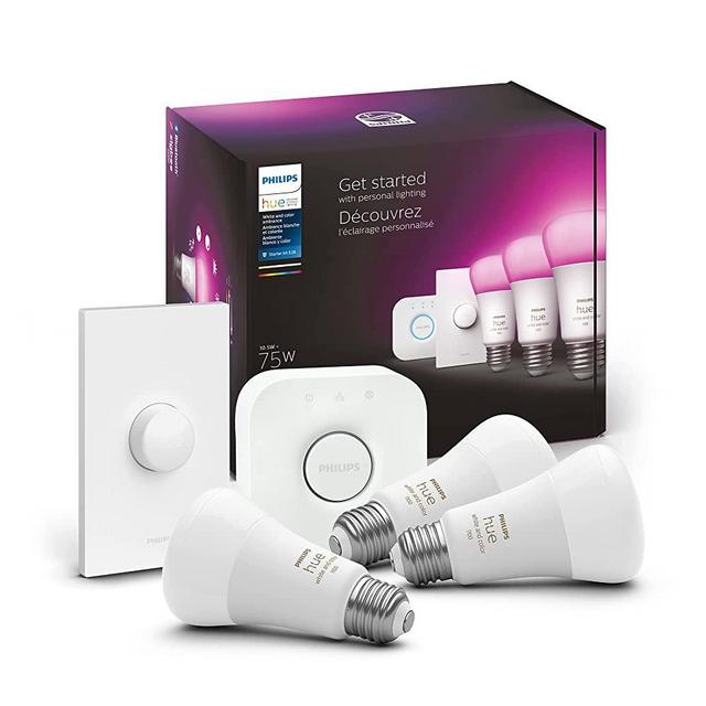 Philips Hue White and Color Ambiance Medium Lumen (75W) Smart Button Starter Kit, Hub Included, 16 Millions Colors, Works with Amazon Alexa, Google Assistant, Apple HomeKit