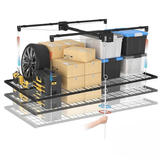 4x8 FT Overhead Garage Lifting Storage Rack, 800 lbs Capacity & 12FT Lifting, Heavy-Duty Metal Garage Ceiling Rack, Dual Mode Lifting, Adjustable Storage System with Safety Lock