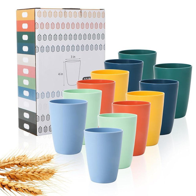 Lazycorner Wheat Straw Cup 12 Pcs Drinking Glasses Unbreakable Drinking Cup Reusable Water Plastic Glasses Tumblers with 6 Colors (12 oz)