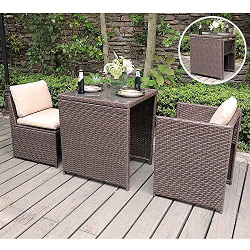 SUNSITT Outdoor Wicker Bistro Table Set 3 Piece Patio Furniture Set with Cushions, Space Saving Design, Garden Balcony Porch Furniture Brown