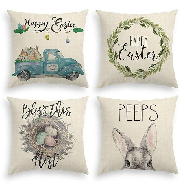 AVOIN Truck Rabbit Happy Easter Throw Pillow Cover, 18 x 18 Inch Nest Easter Egg Peeps Linen Cushion Case for Sofa Couch Set of 4