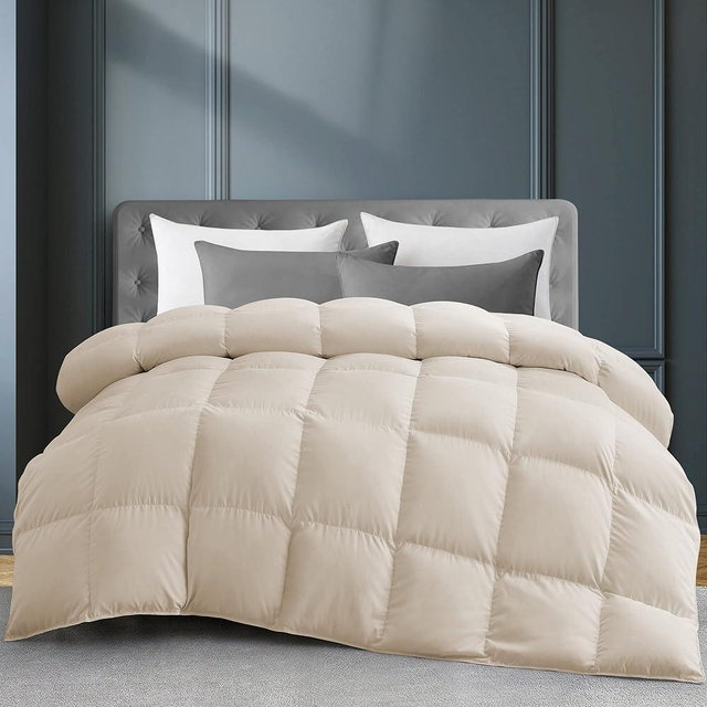 puredown® Organic Cotton Feather Comforter, Bedding Duvet Insert Full/Queen Size, 100% Pure Natural Cotton Cover Breathable Fluffy Feather Comforter with Corner Ties (Beige, 88"x90")