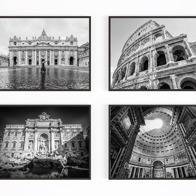Black and White Rome Italy Photography Prints, Set of 4, UNFRAMED, St. Peters Basilica, Colosseum, Trevi Fountain, Pantheon, Italian Home Decor Gift, 8x10 Inches