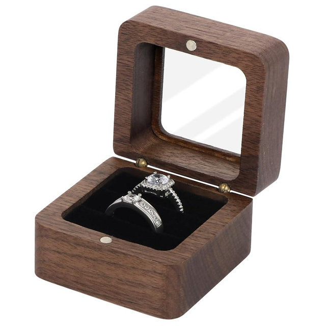 Wooden Ring Box, 2 Slot Mini Engagement Ring Holder Box, Small Square Solid Walnut Wood Vintage Ring Bearer Case Box, Rustic Jewelry Gift Storage Box for Wedding, Proposal, Bridal Photo, Anniversary