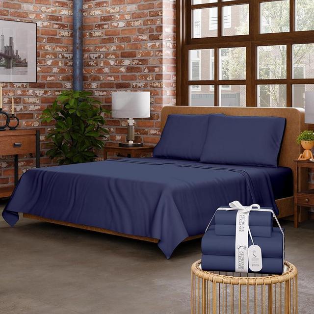SUPREME ELEGANCE Dark Blue Sheet Set, Organic Cotton Deep Pockets Sheets for Queen Size Bed, Percale Sheets, Lightweight & Breathable, Easy Fit, Cool & Crisp