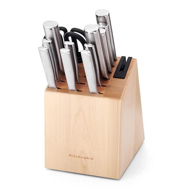 KitchenAid Gourmet 14-piece Forged Stainless Steel Block Set with Built-in Knife Sharpener, Natural