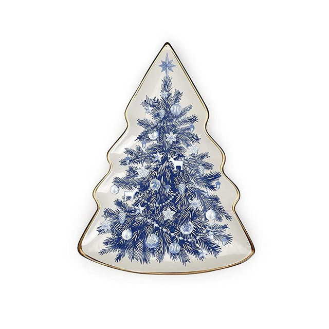 Two's Company Blue and White Christmas Tree Plate