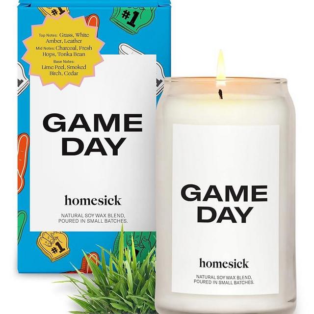 Homesick Scented Candles for Home (Game Day) - 13.75 oz Long-Lasting Soy Wax Blend Jar Candle Gifts for Women & Men, 60-80 Hours Burn Time - Notes of White Amber, Tonka Bean & Smoked Birch