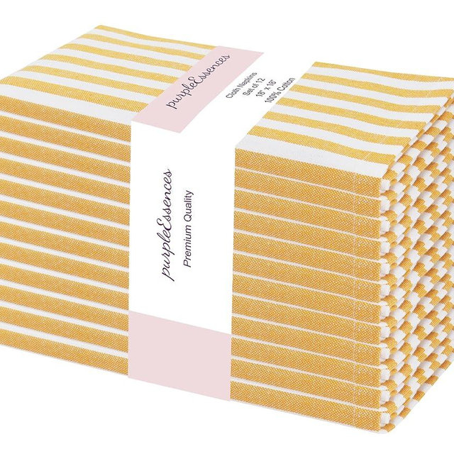 PurpleEssences Plain Striped Cloth Napkins - Set of 12-100% Cotton - 18 x 18 Inch - Fall Thanksgiving- Perfect Everyday Use Dinner Napkin - Golden Yellow White