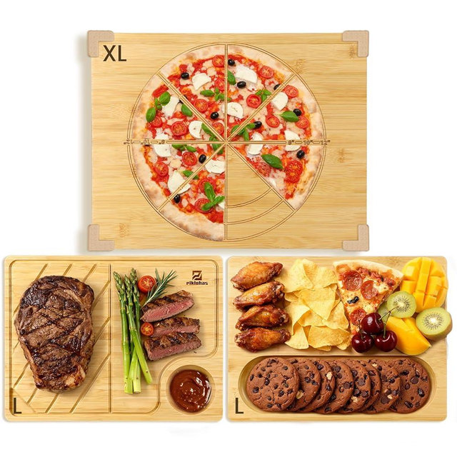Piklohas Large Bamboo Cutting Boards Set of 4 for Kitchen, Bamboo Charcuterie Chopping Board with Holder Non Slip, Steak Serving Tray with Juice Groove, Big Butcher Block for Cheese, Ideal for Gift