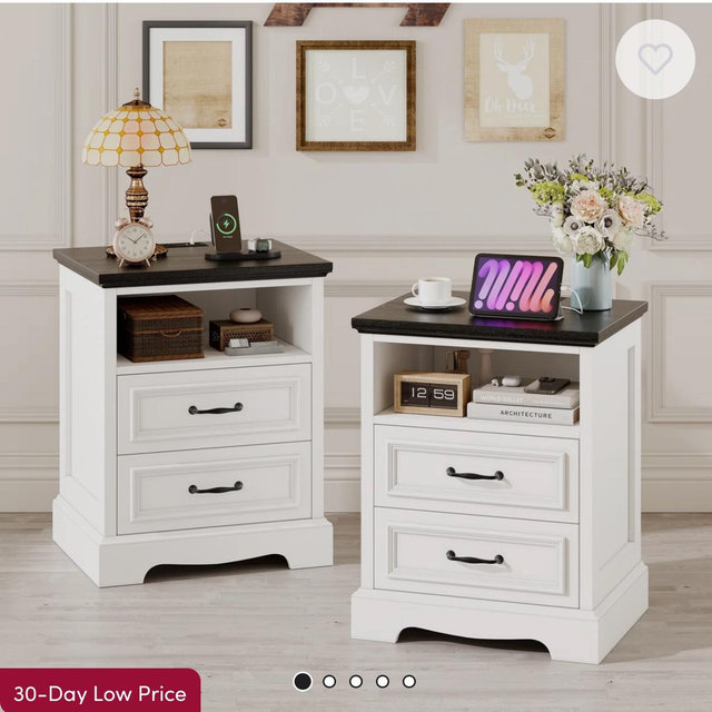 Winston Porter Farmhouse Nightstand With Charging Station, 18” Wide End Table With 2 Drawers for Bedroom Modern Bedside Table Storage Cabinet, Wood Small Dresser Drawer Chest for Living Room, Closet,Hallway, Office Entryway | Wayfair