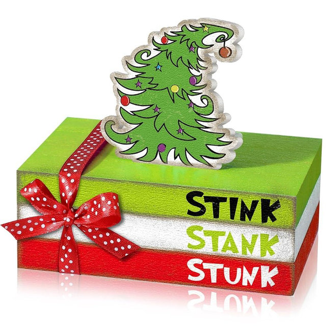 Yousoontic 4 Pcs Christmas Decorations Lime Green Red Xmas Tree Tiered Tray Decor Farmhouse Decorative Mini Wooden Stacked Books with Bow Ornament for Christmas Fireplace Mantel Home Rustic Decor Gift