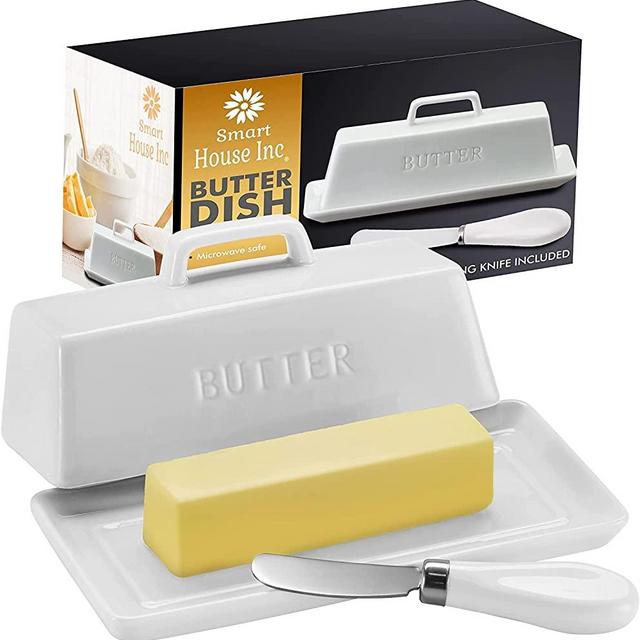 Ceramic Butter Dish Set with Lid and Knife - Decorative Butter Stick Holder with Handle for 1 Stick of Butter - Microwave Safe, Dishwasher Safe - Anti-Scratch Stickers Included