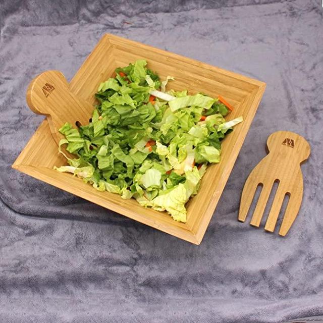 MH ZONE Bamboo Salad Bowl Set with Serving Hands, 11inch x 4inch Diameter, includes large square bowl and matching salad servers, perfect size for serving 4-6 salad portions, Perfect Christmas Gifts
