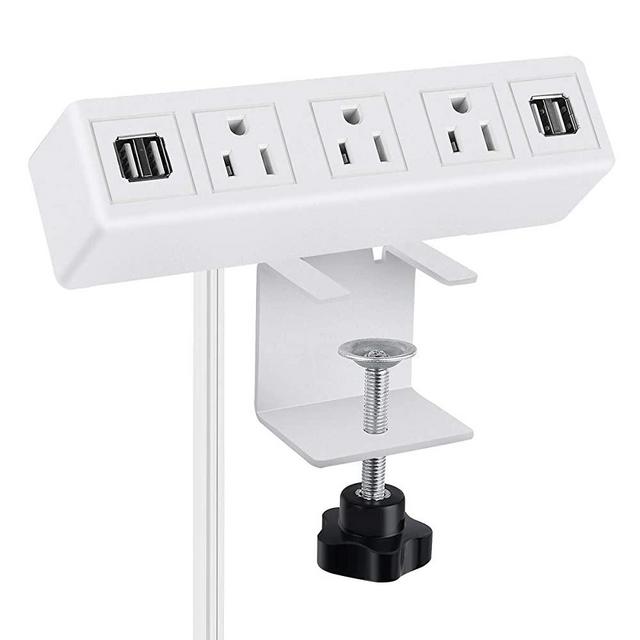 3 AC Outlet Desk Clamp Power Strip White, Desk Mount USB Charging Power Station, Removable Desktop Edge Power Center Plugs Output 125V/60HZ/12A/1500W, USB 5V/4A 6.56FT Cable