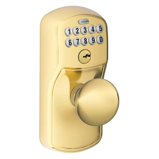 Schlage Plymouth Keypad Lock with Knob, Electronic Keyless Door Entry, Flex Lock Auto‑Lock Option, Bright Brass, FE595 PLY 505