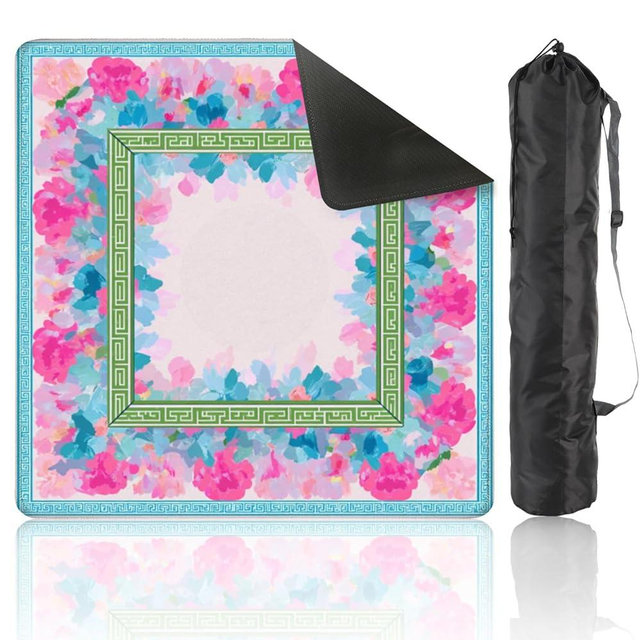 Mahjong Mat 31.5" x 31.5" Floral Border Abstract Watercolor Flowers Green Greek Key Frame Non-Slip Noise Reduction Mahjong Tiles Table Cover for Dominoes Poker Card Board and Tile Games