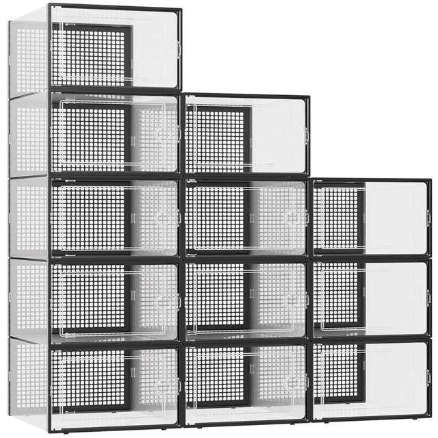 Kuject XXX-Large Shoe Storage Boxes Organizers Clear Plastic Stackable 12 Pack, Shoe Rack & Holder Substitute, Sneaker Containers, Toy Storage Organizer Bins for,Closet, Under Bed, Black(No Fold Line)
