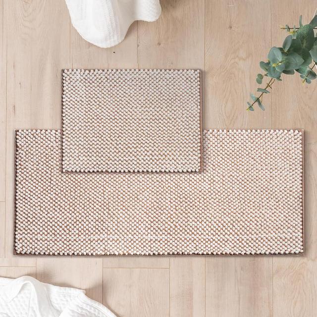 FRESHMINT Chenille Bathroom Rugs Sets 2 Piece 17"x24"+20"x47", Non-Slip Bath Mats for Bathroom Absorbent Bath Rug Washable Set of 2 Shower Floor Mat Runner, White and Brown