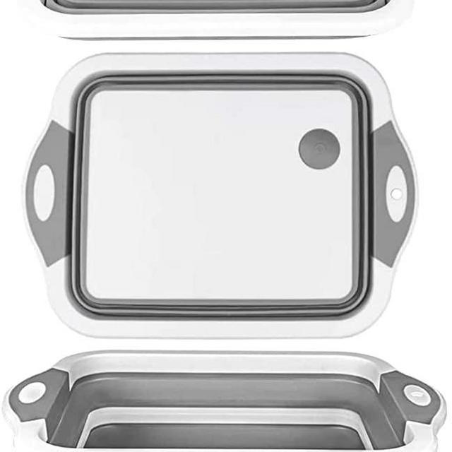 Collapsible Cutting Board and Colander, Camping Wash Basin, 3 in 1 Multi-function Foldable Silicone Dish Tub, Washing and Draining Sink and Storage Basket (Grey&White)