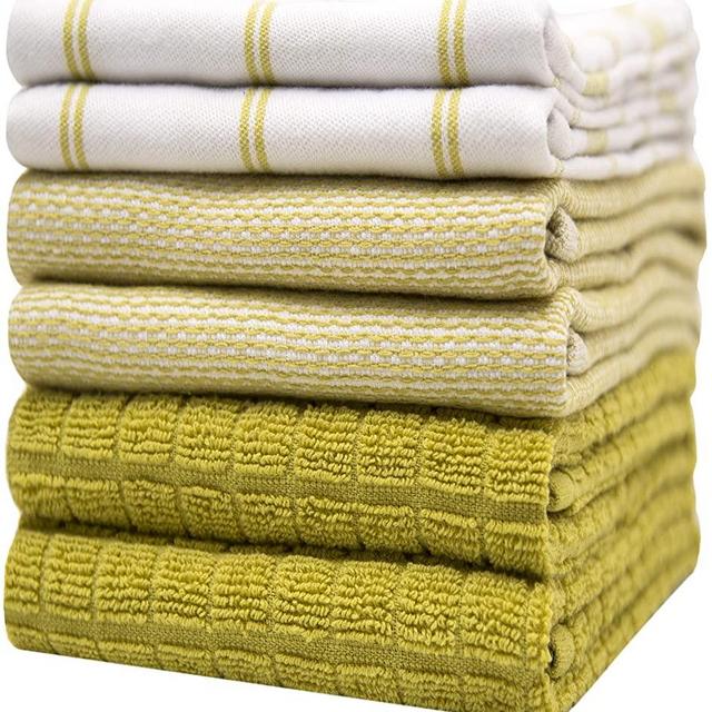 Premium Kitchen Towels (20”x 28”, 6 Pack) – Large Cotton Kitchen Hand Towels – Check Flat & Terry Towel – Highly Absorbent Tea Towels Set with Hanging Loop – Lime Green