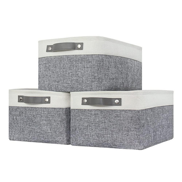 Yimi's Dream Storage Bins with Handles - [3-Pack] Premium Fabric Basket for Organization and Storage, Decorative Collapsible Storage Bin for Shelves, (White & Grey, 15Lx11Wx8H inch)