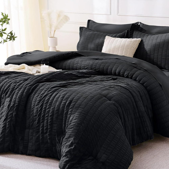 MUXHOMO 7 Pieces California King Comforter Set, Seersucker Bed in a Bag Cal King Size, All Season Luxury Bedding Set with Comforter, Flat Sheet, Fitted Sheet, Pillowcases & Shams, Black