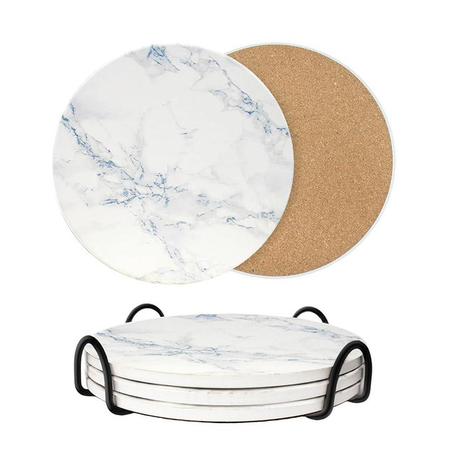 8 Inch Trivets for Hot Dishes, Pots and Pans, Marble Style Ceramic Trivet with Holder, Heat Resistant Hot Plate Mats for Countertops, Table, Home Essentials, Farmhouse Decor, Set of 3