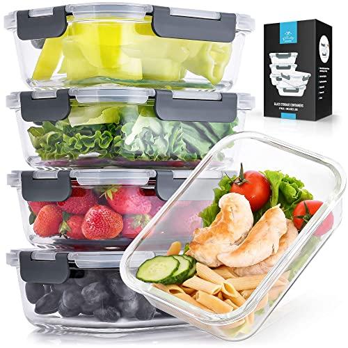 Zulay (5-Pack, 36 Oz) Food Storage Container With Lids - Airtight Snap Lock Glass Container - BPA Free Meal Prep Container Glass Storage Set - Microwave & Dishwasher Friendly Glass Food Container