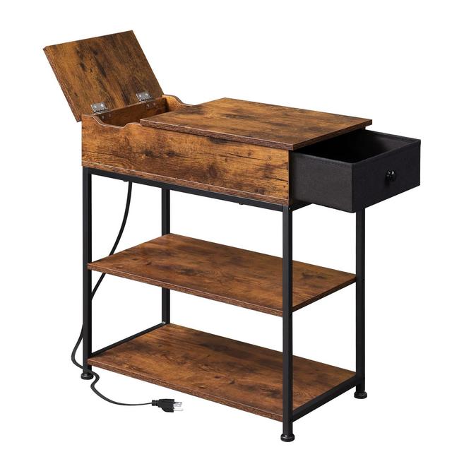 WLIVE Flip Top Side Table with Charging Station, Narrow End Table with USB Ports Power Outlets, 3-Tier Nightstand with Storage Drawer for Living Room Bedroom, Rustic Brown