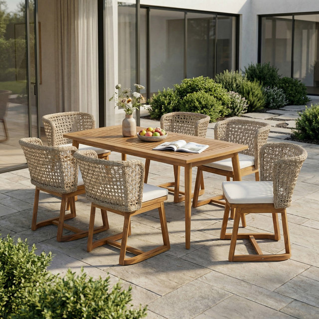 ModernLuxe 7pcs Patio Dining Set with Ergonomic Chairs, Cushions & Dining Table, Weather-Resistant Outdoor Furniture Set, Beige & Teak