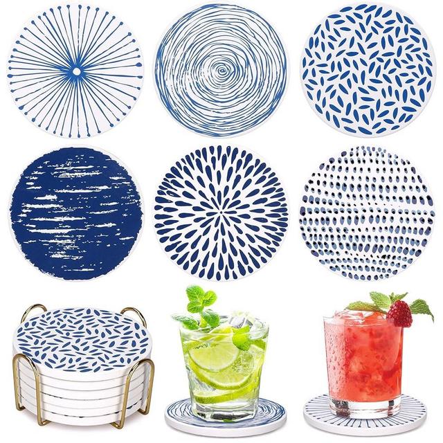 Dksyee Absorbent Coasters Set of 6 Round Ceramic Coasters for Drinks Modern Blue Boho Coaster with Holder for Coffee Table Decor, Outdoor, Desk