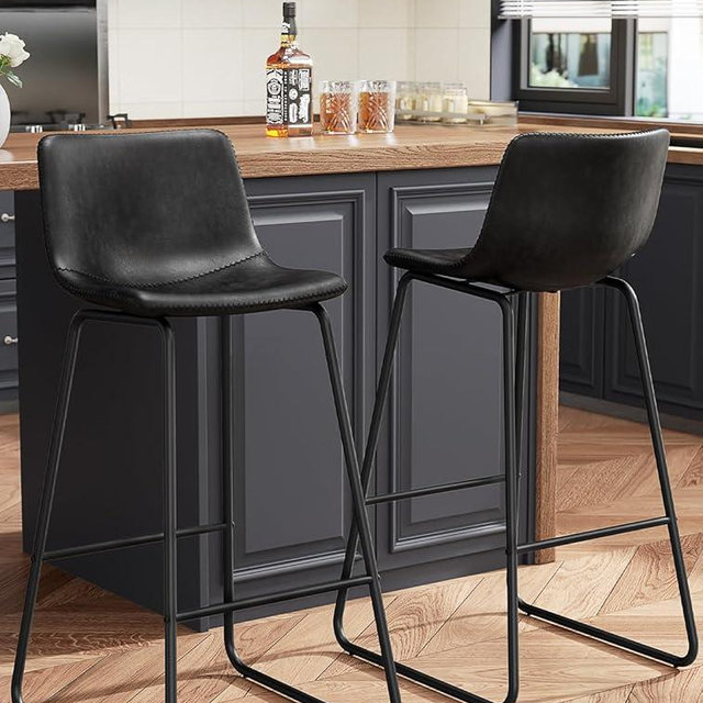 REONEY Bar Stools Set of 2, Faux Leather Counter Height Stools, 30" Modern Barstools with Metal Legs and Footrest, Urban Armless Counter Chairs with Back for Kitchen Island (Black)
