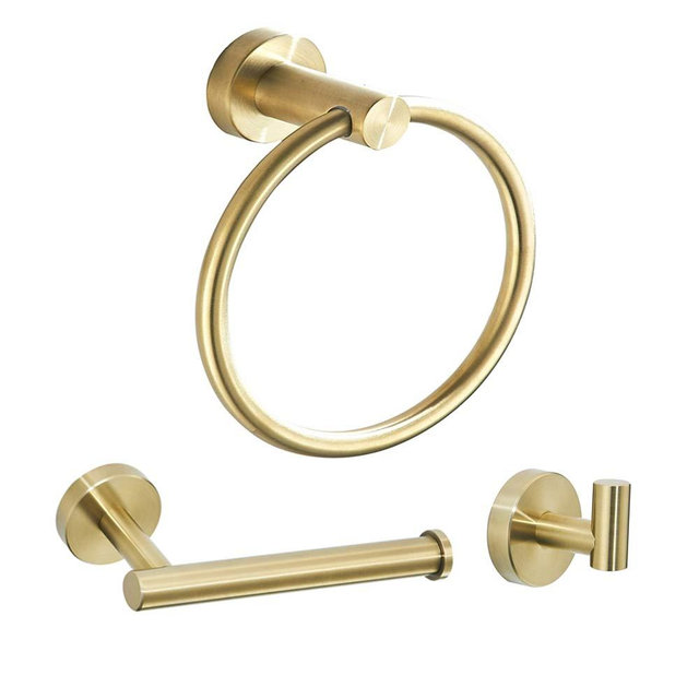WEIKO Gold Bathroom Hardware, Toilet Paper Holder Towel Ring and Robe Hook Brushed Gold Bathroom Accessories Set Wall Mount 3 Pieces Stainless Steel
