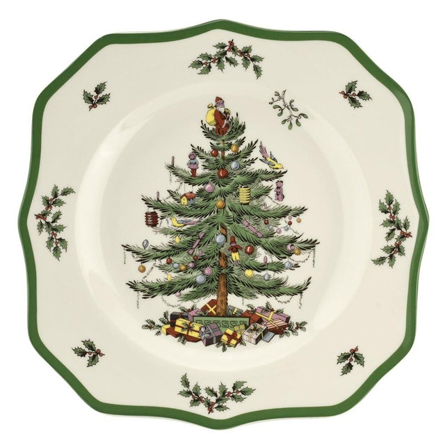 Spode Christmas Tree Scalloped Dinner Plate - Holiday-Themed Stoneware Large Plate - 10.5 Inch Christmas Dinner Dish Featuring Colorful Gifts & Mistletoe Accents - Dishwasher & Microwave Safe
